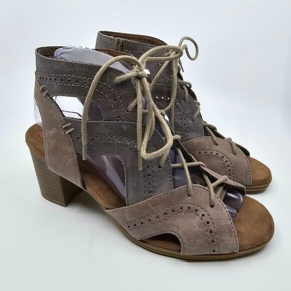 Rockport Hattie Open Lace Shoes Block Heel Leather Taupe Womens Size US 7.5 - Picture 3 of 8